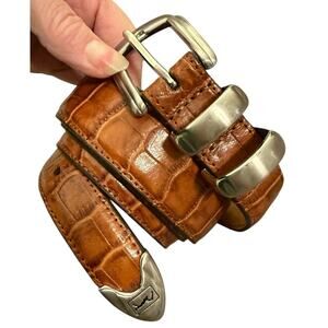 Vintage Croc Embossed Brown Leather Belt with Silver Tone Hardware 42 EUC